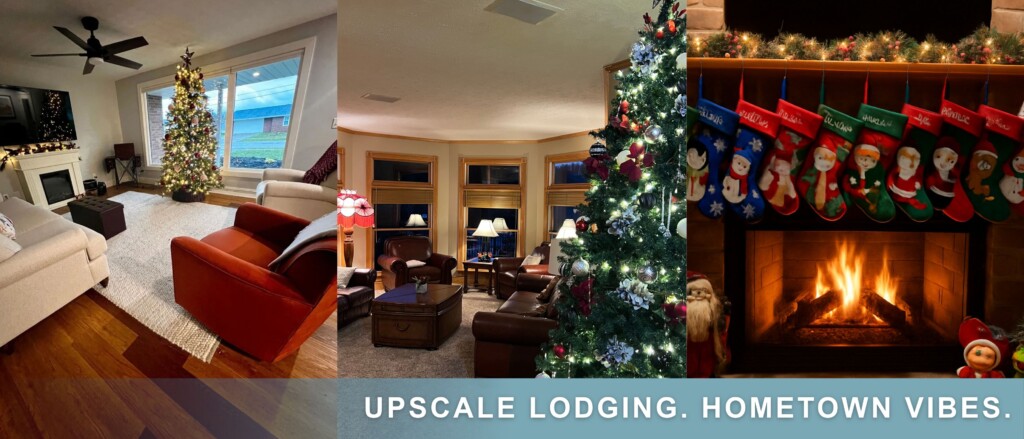 Cozy Amish Country vacation lodge with a fireplace, holiday decorations and gathering space.